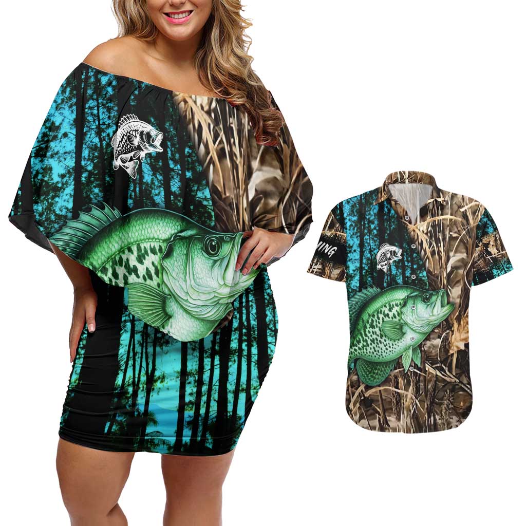 Crappie Fishing Customize Name Couples Matching Off Shoulder Short Dress and Hawaiian Shirt Forest and Camo Background in Outdoor Fishing - Wonder Print Shop