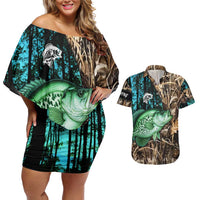 Crappie Fishing Customize Name Couples Matching Off Shoulder Short Dress and Hawaiian Shirt Forest and Camo Background in Outdoor Fishing - Wonder Print Shop