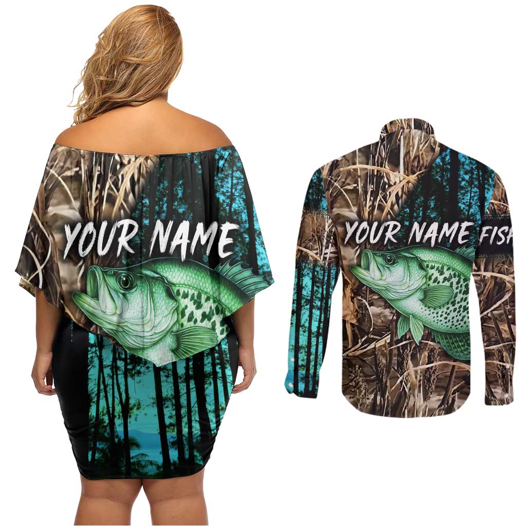 Crappie Fishing Customize Name Couples Matching Off Shoulder Short Dress and Long Sleeve Button Shirt Forest and Camo Background in Outdoor Fishing - Wonder Print Shop