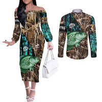 Crappie Fishing Customize Name Couples Matching Off The Shoulder Long Sleeve Dress and Long Sleeve Button Shirt Forest and Camo Background in Outdoor Fishing - Wonder Print Shop