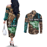 Crappie Fishing Customize Name Couples Matching Off The Shoulder Long Sleeve Dress and Long Sleeve Button Shirt Forest and Camo Background in Outdoor Fishing - Wonder Print Shop