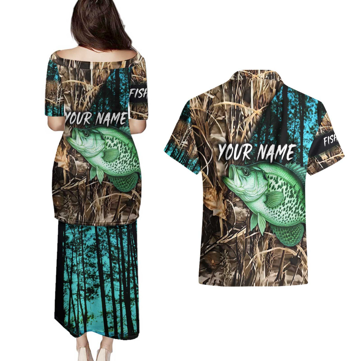 Crappie Fishing Customize Name Couples Matching Puletasi and Hawaiian Shirt Forest and Camo Background in Outdoor Fishing - Wonder Print Shop