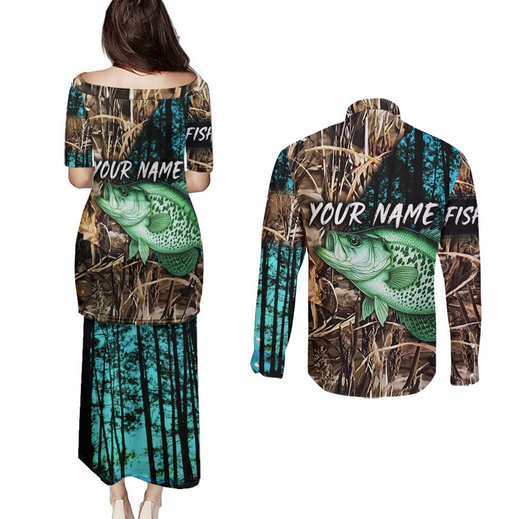 Crappie Fishing Customize Name Couples Matching Puletasi and Long Sleeve Button Shirt Forest and Camo Background in Outdoor Fishing - Wonder Print Shop