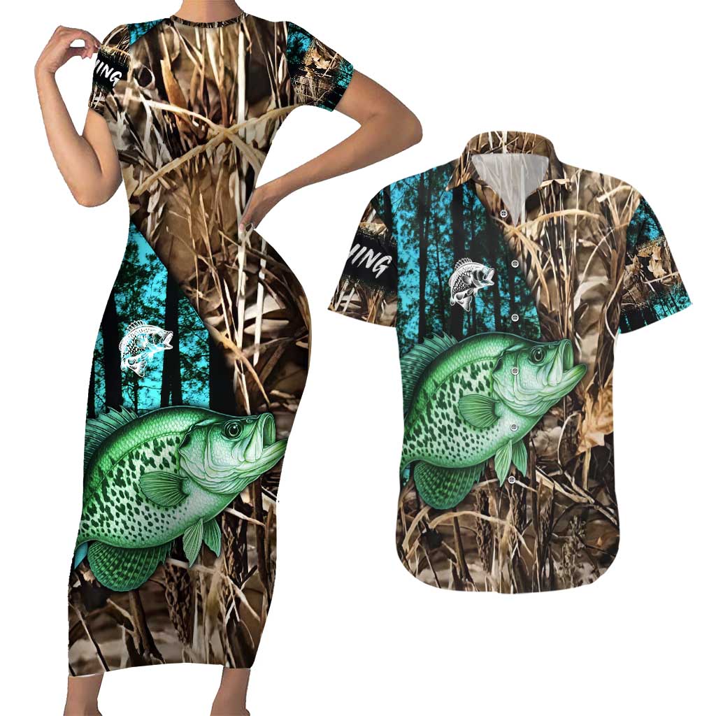 Crappie Fishing Customize Name Couples Matching Short Sleeve Bodycon Dress and Hawaiian Shirt Forest and Camo Background in Outdoor Fishing - Wonder Print Shop