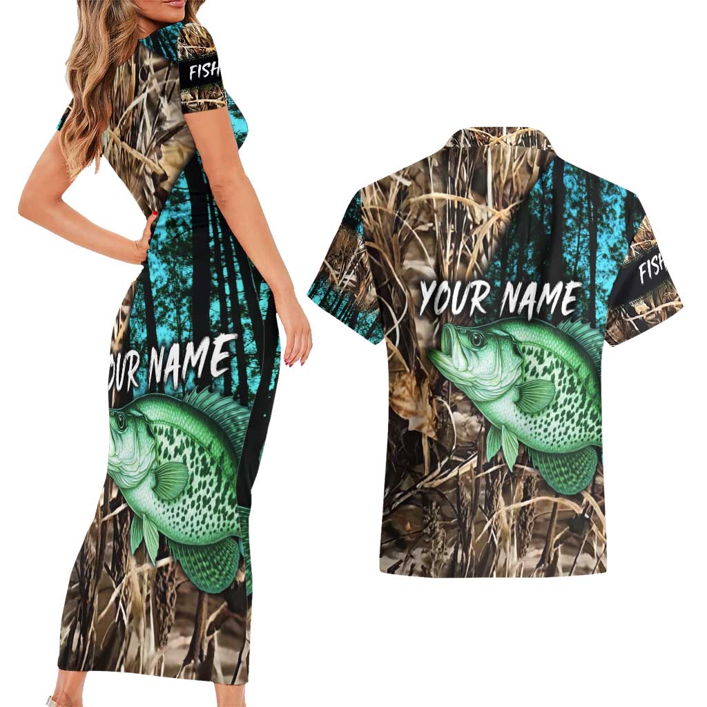 Crappie Fishing Customize Name Couples Matching Short Sleeve Bodycon Dress and Hawaiian Shirt Forest and Camo Background in Outdoor Fishing - Wonder Print Shop