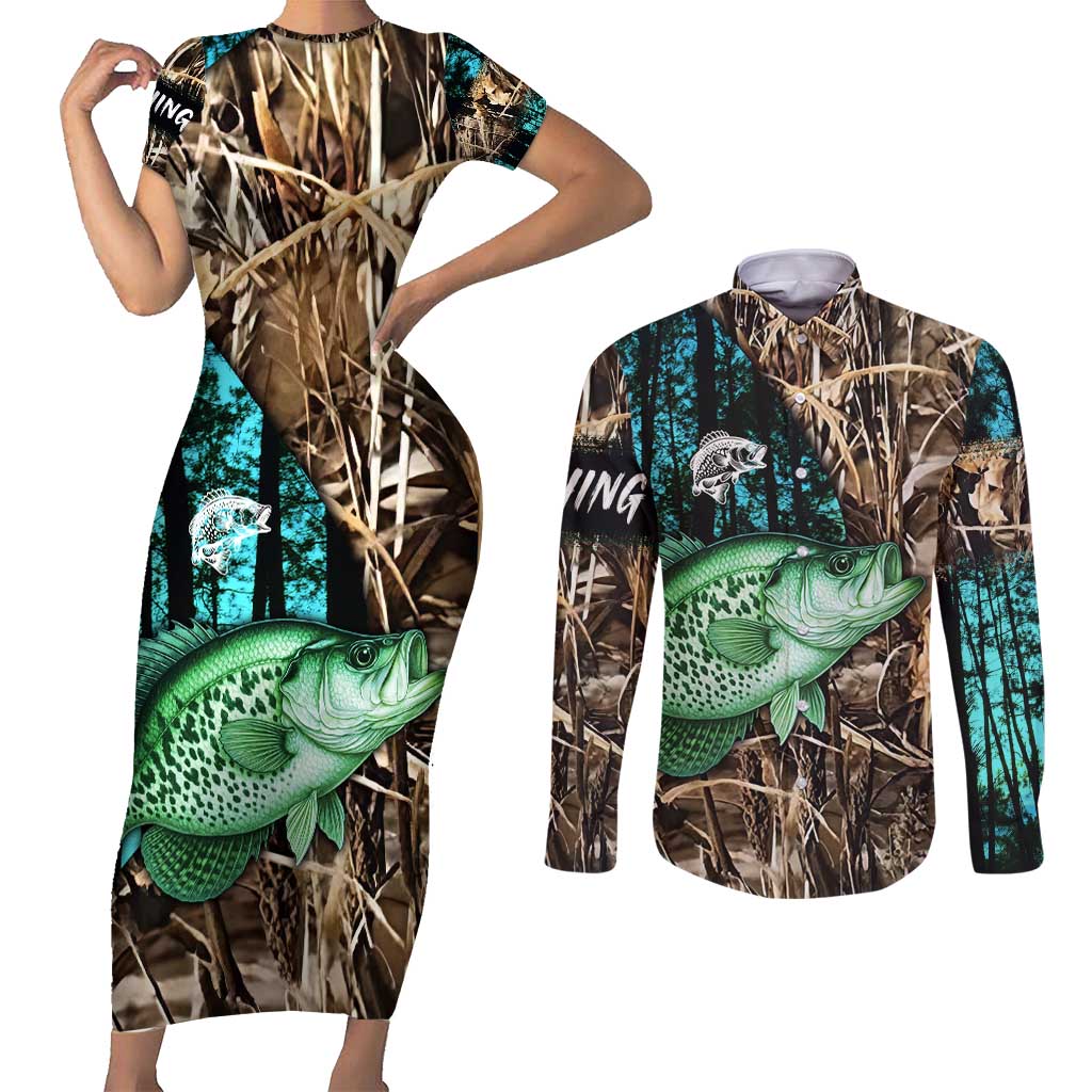 Crappie Fishing Customize Name Couples Matching Short Sleeve Bodycon Dress and Long Sleeve Button Shirt Forest and Camo Background in Outdoor Fishing - Wonder Print Shop