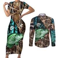 Crappie Fishing Customize Name Couples Matching Short Sleeve Bodycon Dress and Long Sleeve Button Shirt Forest and Camo Background in Outdoor Fishing - Wonder Print Shop