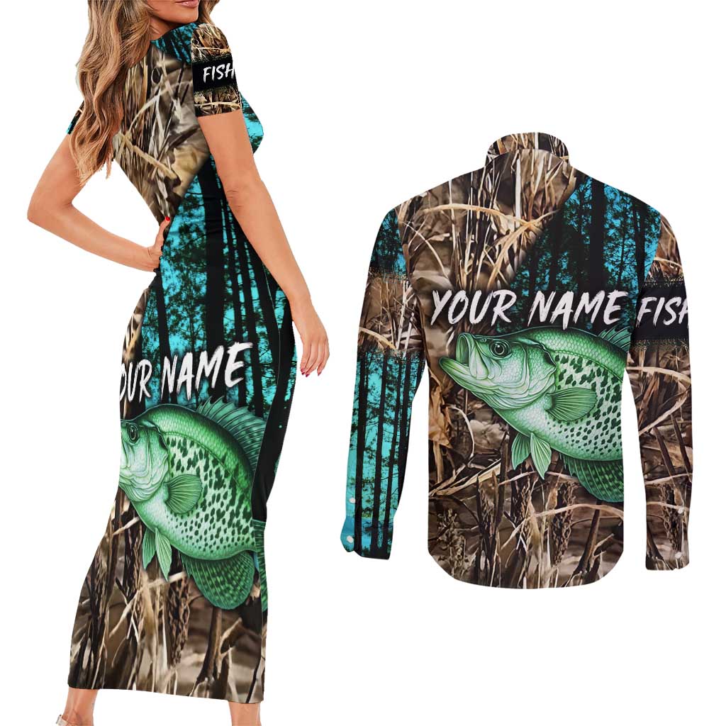 Crappie Fishing Customize Name Couples Matching Short Sleeve Bodycon Dress and Long Sleeve Button Shirt Forest and Camo Background in Outdoor Fishing - Wonder Print Shop