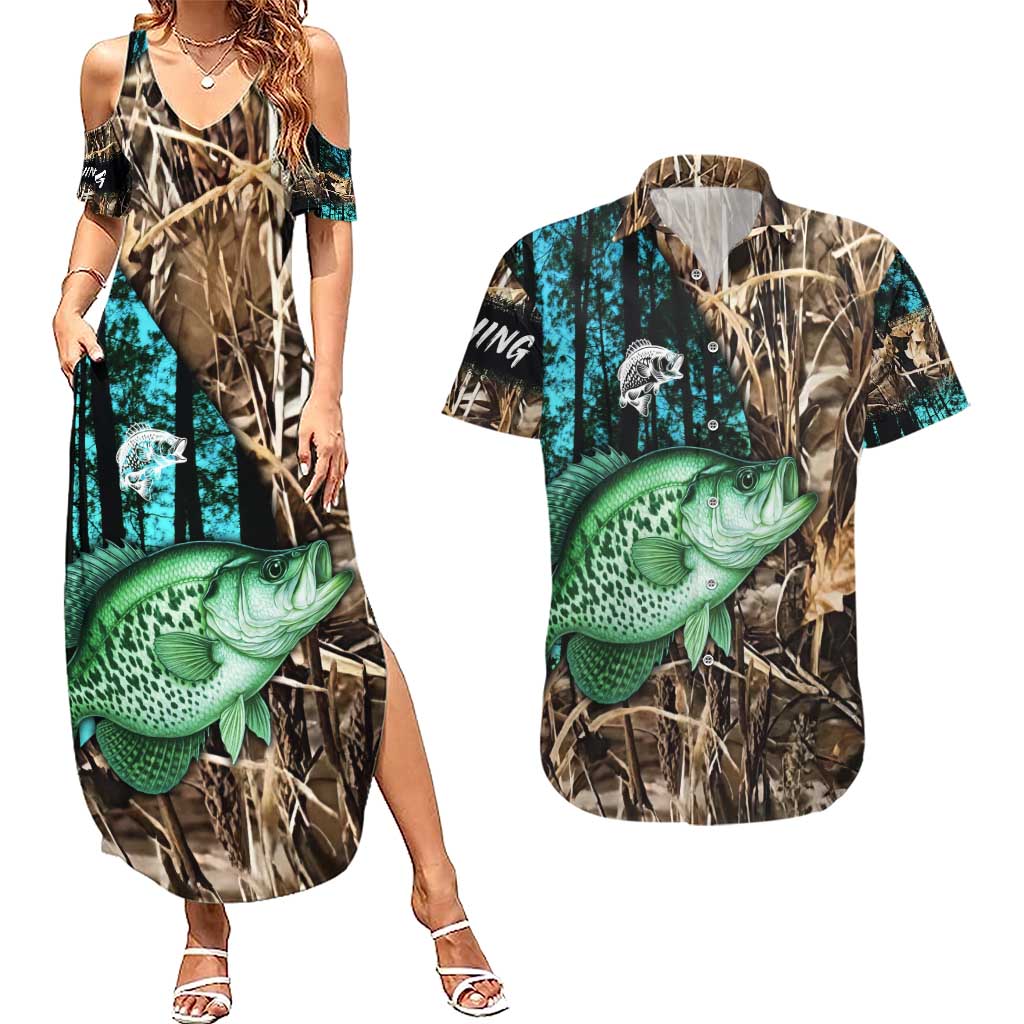 Crappie Fishing Customize Name Couples Matching Summer Maxi Dress and Hawaiian Shirt Forest and Camo Background in Outdoor Fishing - Wonder Print Shop