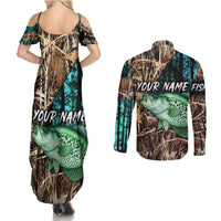 Crappie Fishing Customize Name Couples Matching Summer Maxi Dress and Long Sleeve Button Shirt Forest and Camo Background in Outdoor Fishing - Wonder Print Shop