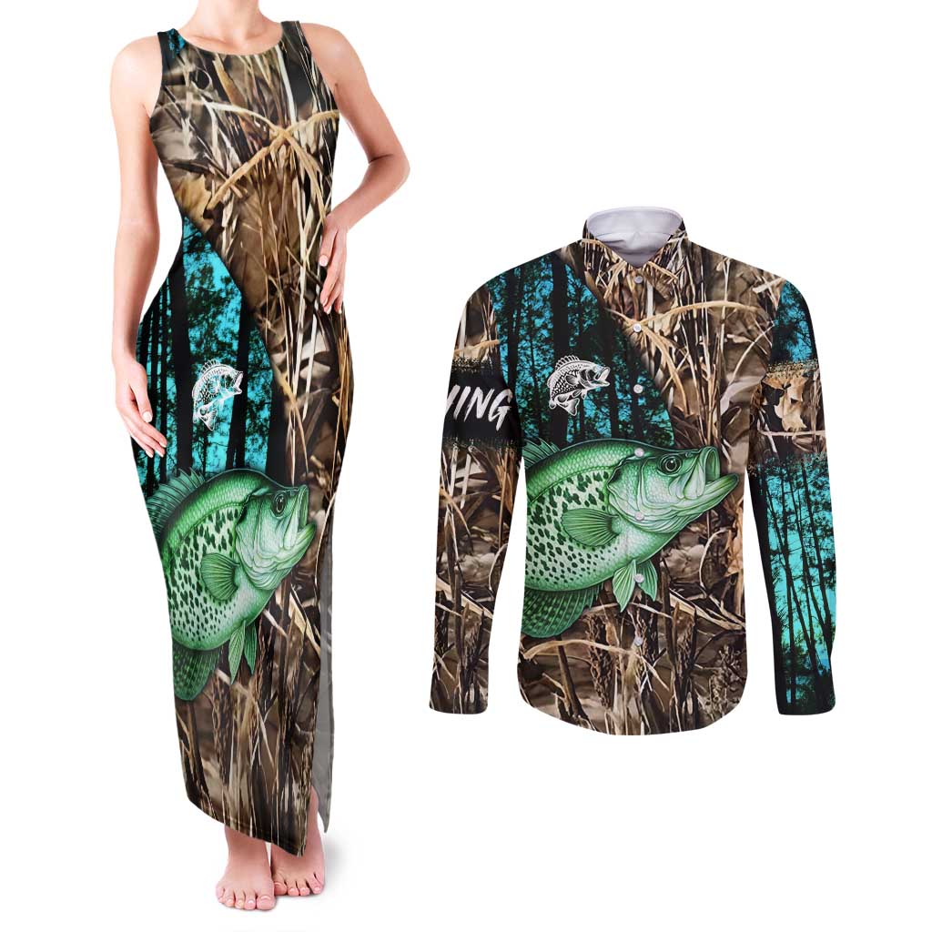 Crappie Fishing Customize Name Couples Matching Tank Maxi Dress and Long Sleeve Button Shirt Forest and Camo Background in Outdoor Fishing - Wonder Print Shop