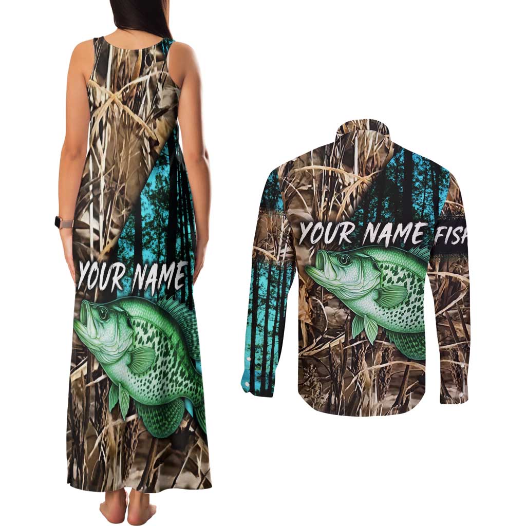 Crappie Fishing Customize Name Couples Matching Tank Maxi Dress and Long Sleeve Button Shirt Forest and Camo Background in Outdoor Fishing - Wonder Print Shop