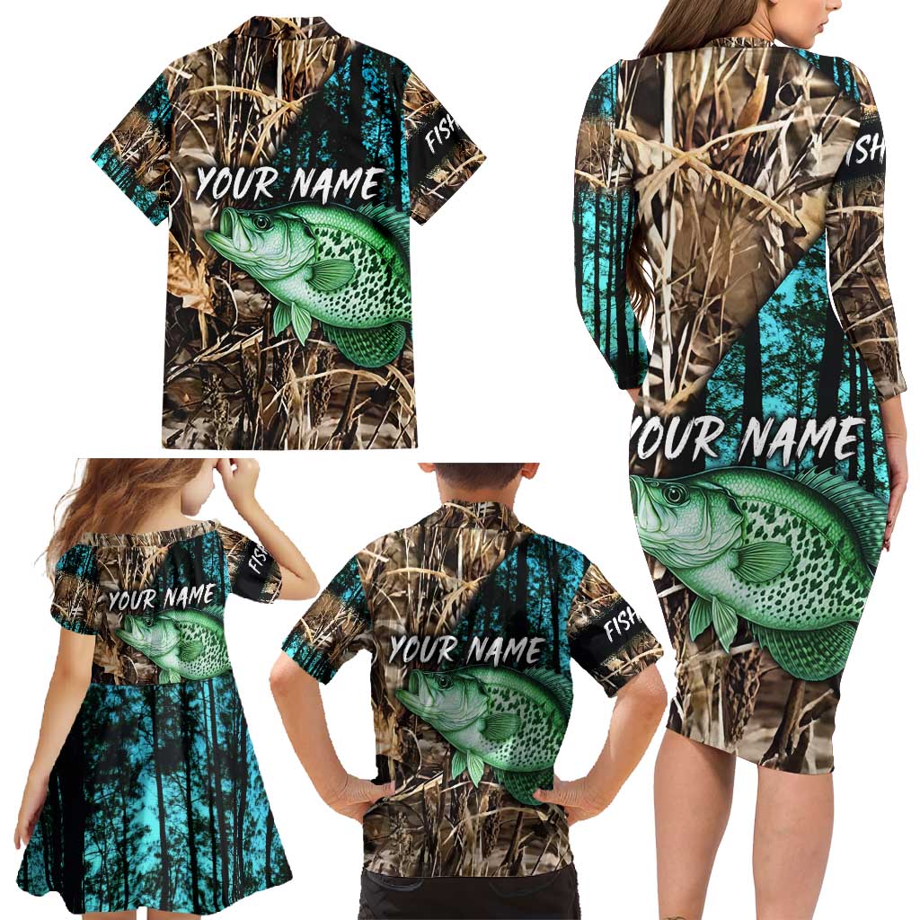 Crappie Fishing Customize Name Family Matching Long Sleeve Bodycon Dress and Hawaiian Shirt Forest and Camo Background in Outdoor Fishing - Wonder Print Shop