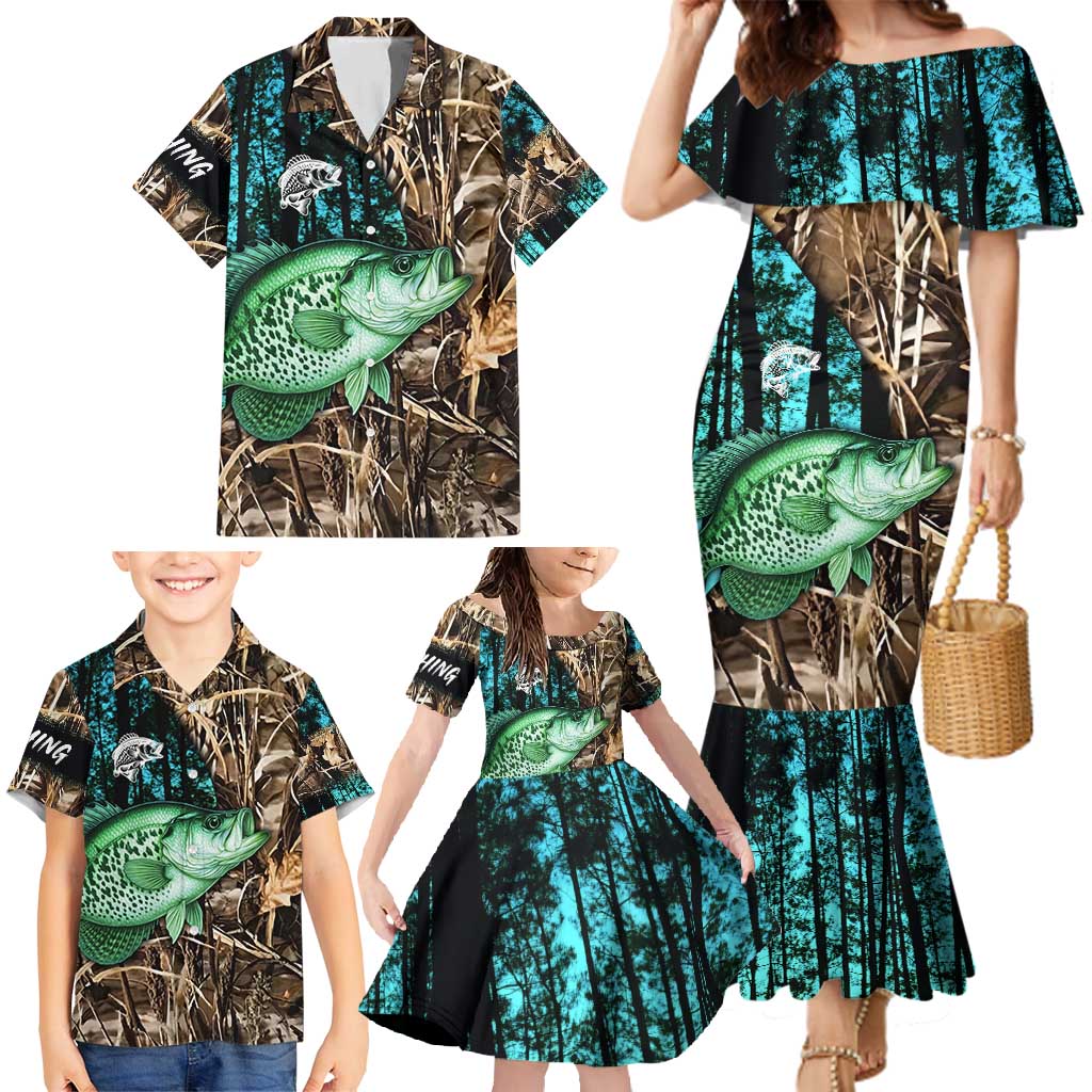Crappie Fishing Customize Name Family Matching Mermaid Dress and Hawaiian Shirt Forest and Camo Background in Outdoor Fishing - Wonder Print Shop
