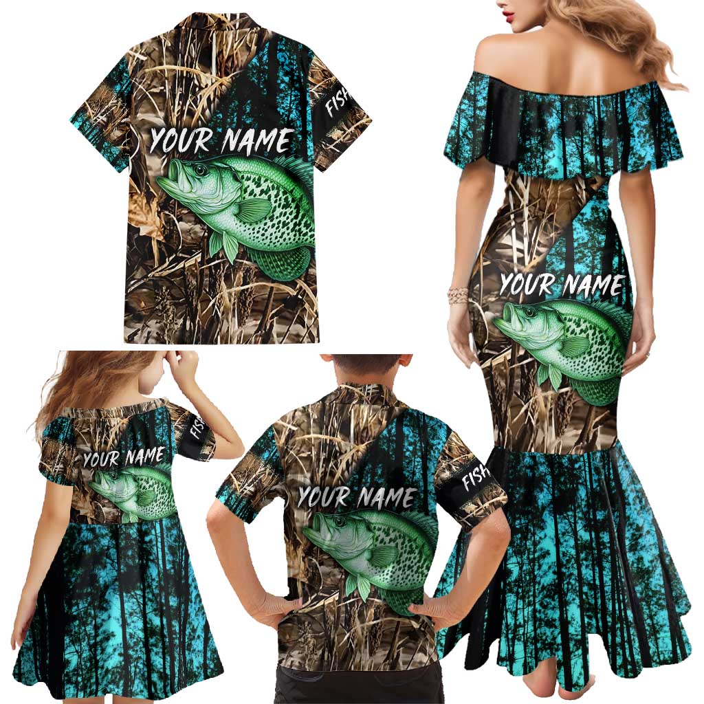 Crappie Fishing Customize Name Family Matching Mermaid Dress and Hawaiian Shirt Forest and Camo Background in Outdoor Fishing - Wonder Print Shop