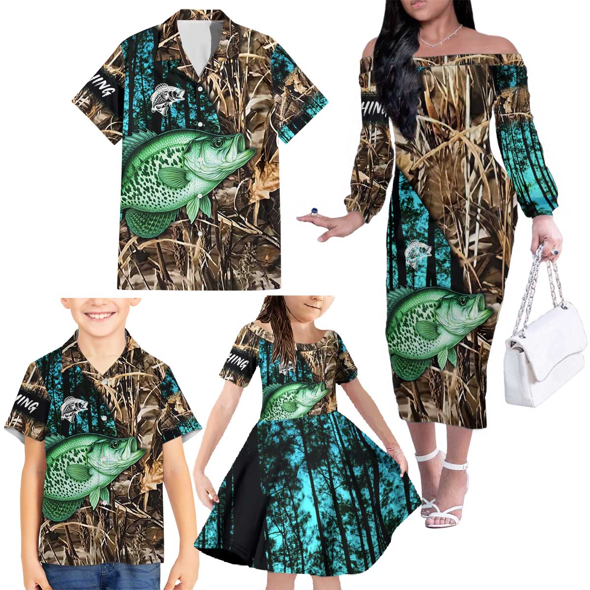 Crappie Fishing Customize Name Family Matching Off The Shoulder Long Sleeve Dress and Hawaiian Shirt Forest and Camo Background in Outdoor Fishing - Wonder Print Shop