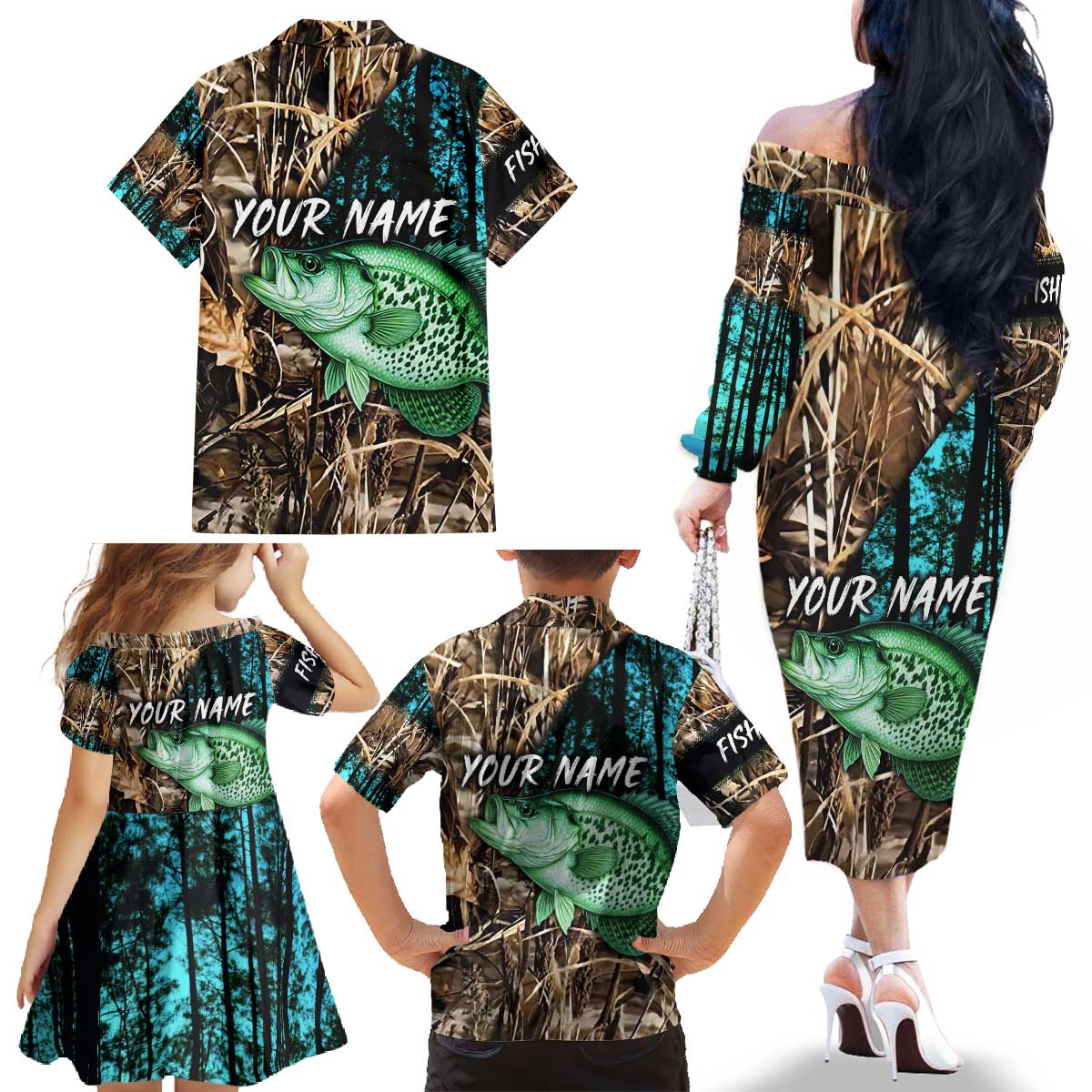 Crappie Fishing Customize Name Family Matching Off The Shoulder Long Sleeve Dress and Hawaiian Shirt Forest and Camo Background in Outdoor Fishing - Wonder Print Shop