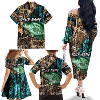 Crappie Fishing Customize Name Family Matching Off The Shoulder Long Sleeve Dress and Hawaiian Shirt Forest and Camo Background in Outdoor Fishing - Wonder Print Shop