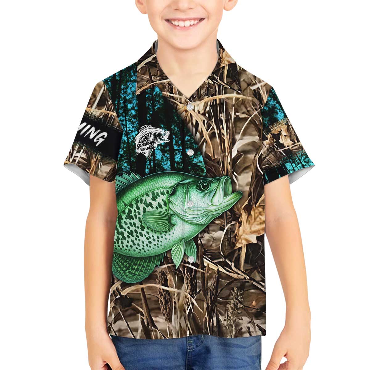 Crappie Fishing Customize Name Family Matching Off The Shoulder Long Sleeve Dress and Hawaiian Shirt Forest and Camo Background in Outdoor Fishing - Wonder Print Shop