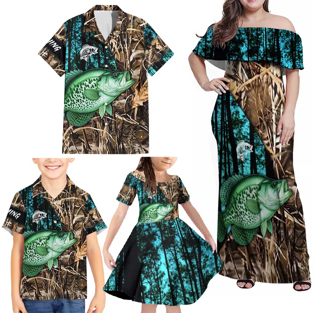 Crappie Fishing Customize Name Family Matching Off Shoulder Maxi Dress and Hawaiian Shirt Forest and Camo Background in Outdoor Fishing - Wonder Print Shop