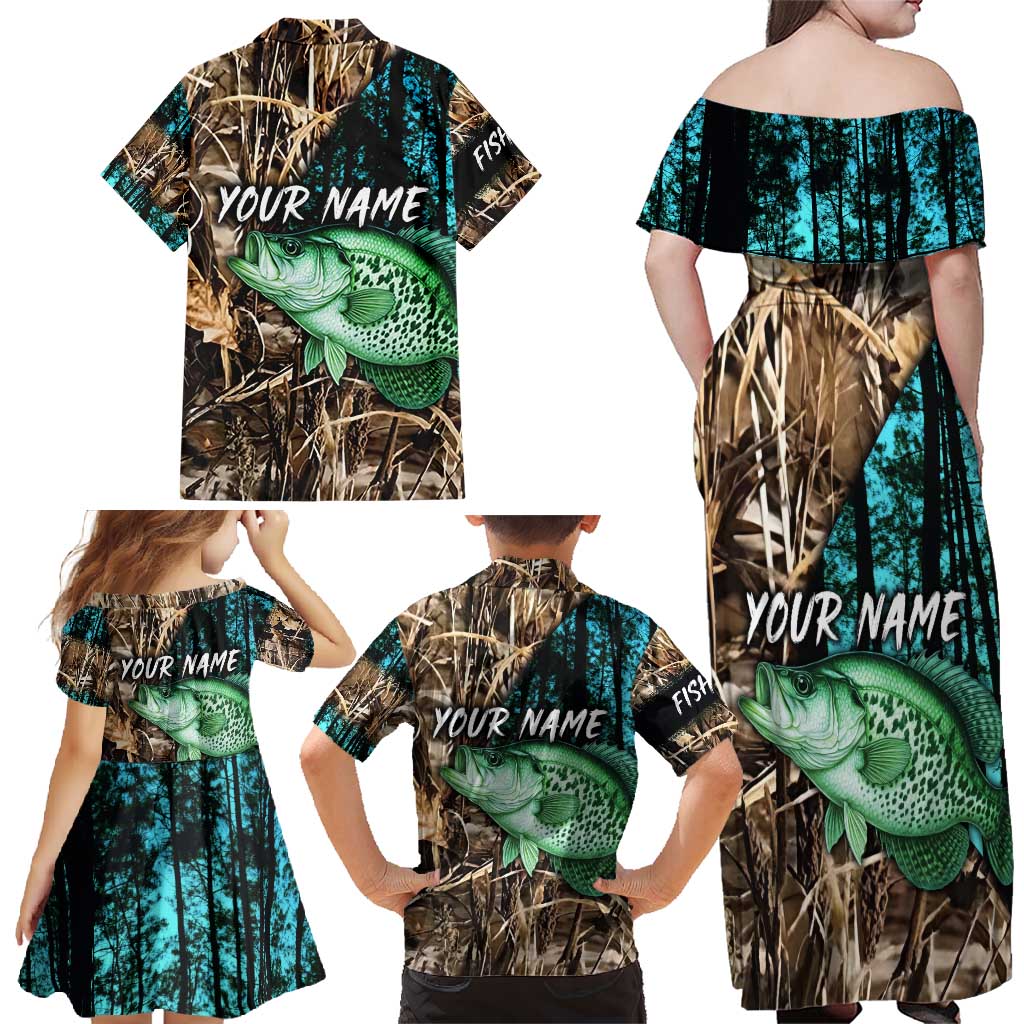 Crappie Fishing Customize Name Family Matching Off Shoulder Maxi Dress and Hawaiian Shirt Forest and Camo Background in Outdoor Fishing - Wonder Print Shop