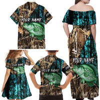 Crappie Fishing Customize Name Family Matching Off Shoulder Maxi Dress and Hawaiian Shirt Forest and Camo Background in Outdoor Fishing - Wonder Print Shop