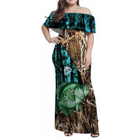 Crappie Fishing Customize Name Family Matching Off Shoulder Maxi Dress and Hawaiian Shirt Forest and Camo Background in Outdoor Fishing - Wonder Print Shop