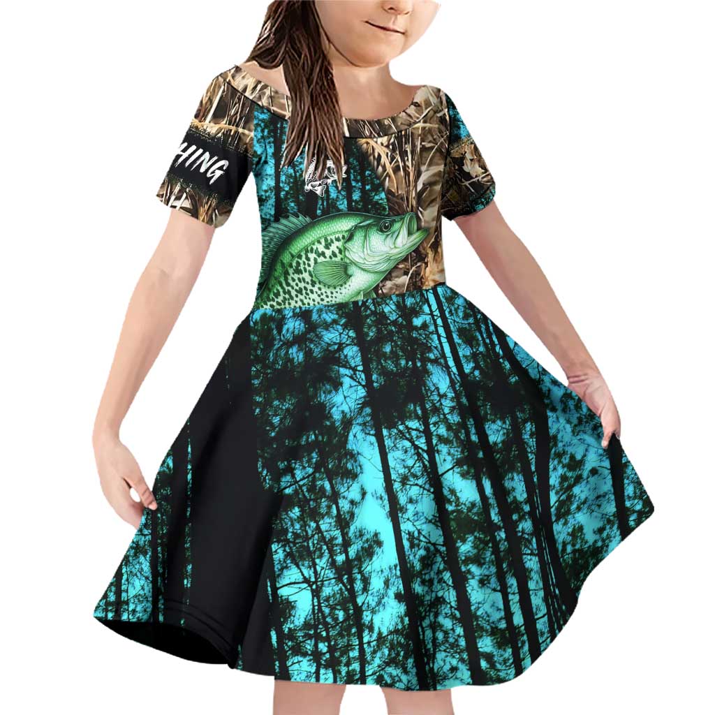 Crappie Fishing Customize Name Family Matching Off Shoulder Short Dress and Hawaiian Shirt Forest and Camo Background in Outdoor Fishing - Wonder Print Shop