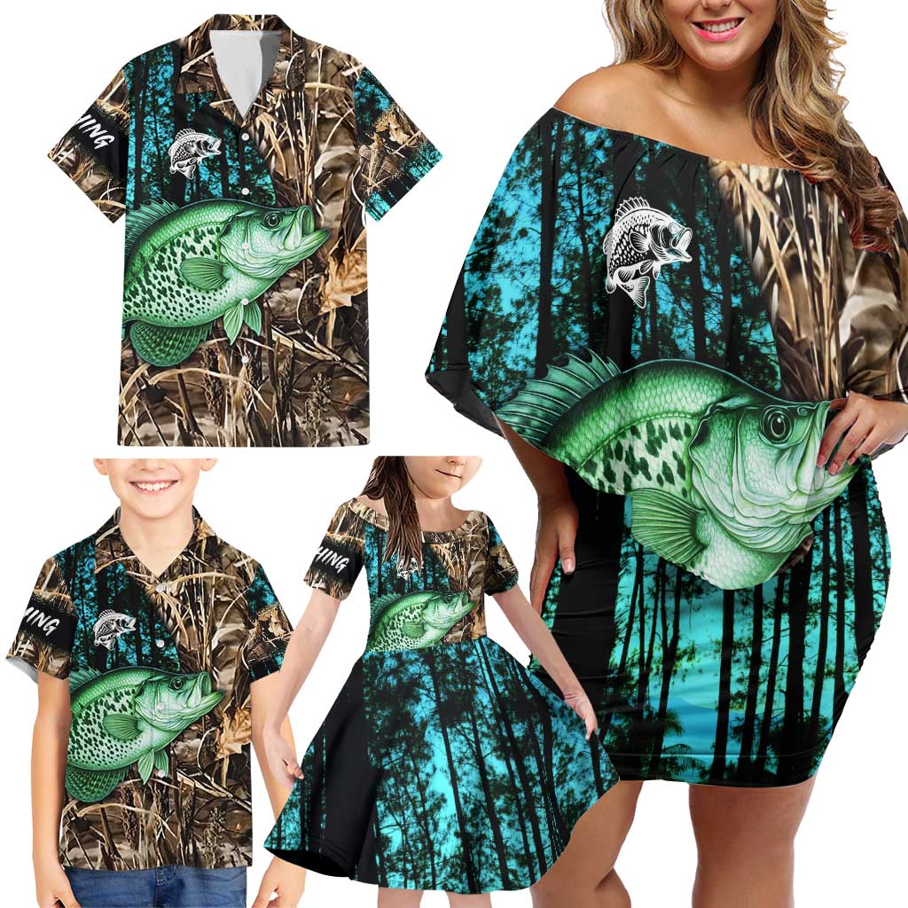 Crappie Fishing Customize Name Family Matching Off Shoulder Short Dress and Hawaiian Shirt Forest and Camo Background in Outdoor Fishing - Wonder Print Shop