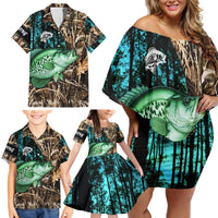 Crappie Fishing Customize Name Family Matching Off Shoulder Short Dress and Hawaiian Shirt Forest and Camo Background in Outdoor Fishing - Wonder Print Shop