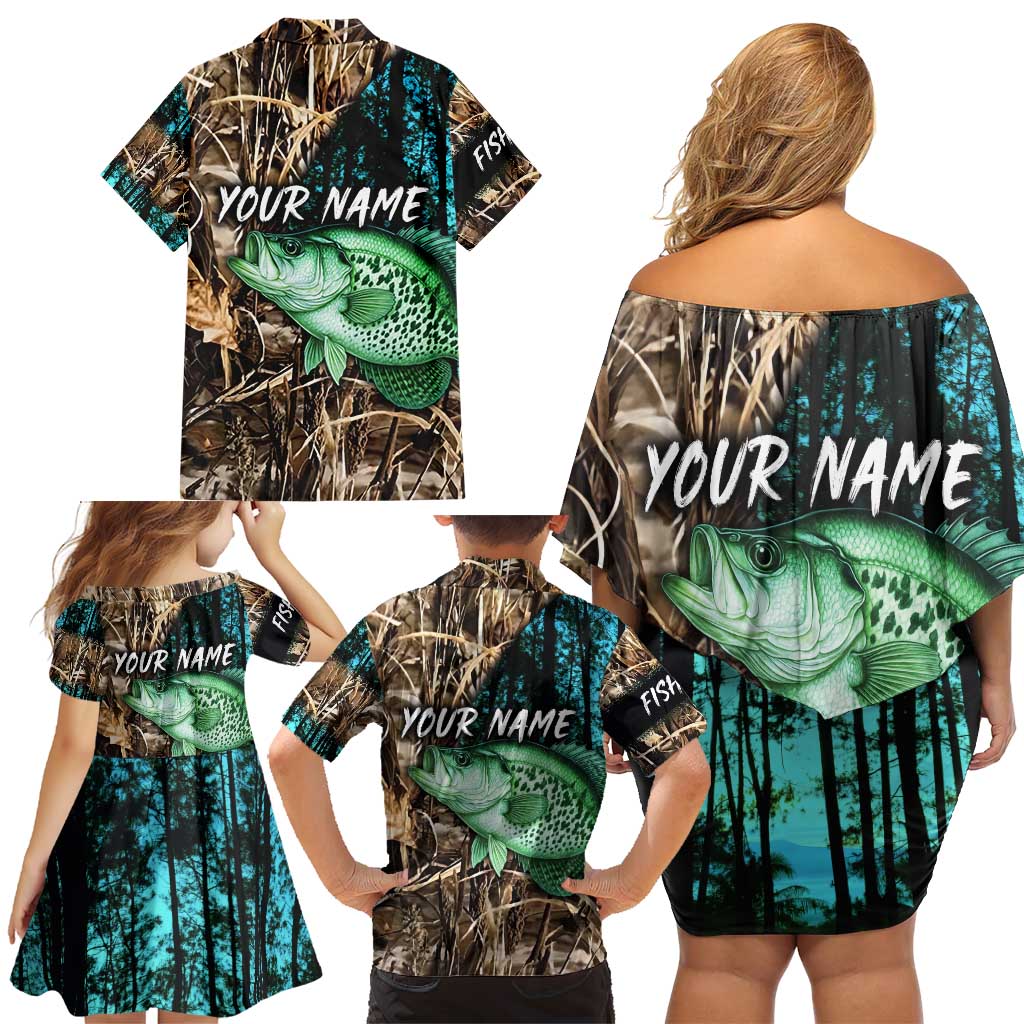Crappie Fishing Customize Name Family Matching Off Shoulder Short Dress and Hawaiian Shirt Forest and Camo Background in Outdoor Fishing - Wonder Print Shop