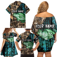 Crappie Fishing Customize Name Family Matching Off Shoulder Short Dress and Hawaiian Shirt Forest and Camo Background in Outdoor Fishing - Wonder Print Shop