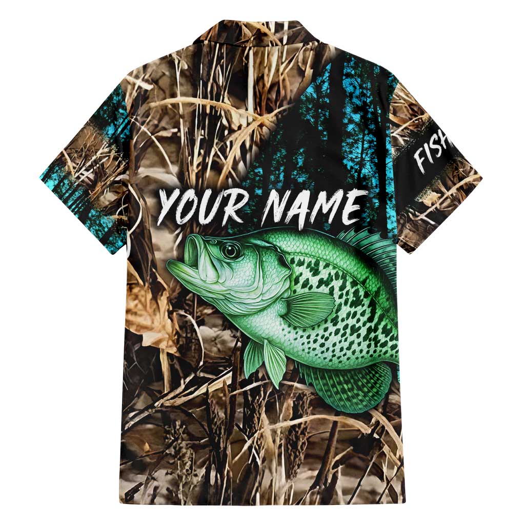 Crappie Fishing Customize Name Family Matching Off Shoulder Short Dress and Hawaiian Shirt Forest and Camo Background in Outdoor Fishing - Wonder Print Shop