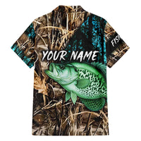 Crappie Fishing Customize Name Family Matching Off Shoulder Short Dress and Hawaiian Shirt Forest and Camo Background in Outdoor Fishing - Wonder Print Shop
