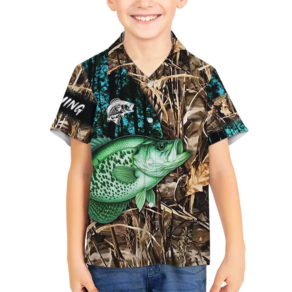 Crappie Fishing Customize Name Family Matching Off Shoulder Short Dress and Hawaiian Shirt Forest and Camo Background in Outdoor Fishing - Wonder Print Shop