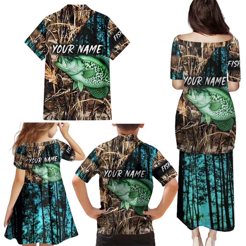 Crappie Fishing Customize Name Family Matching Puletasi and Hawaiian Shirt Forest and Camo Background in Outdoor Fishing - Wonder Print Shop