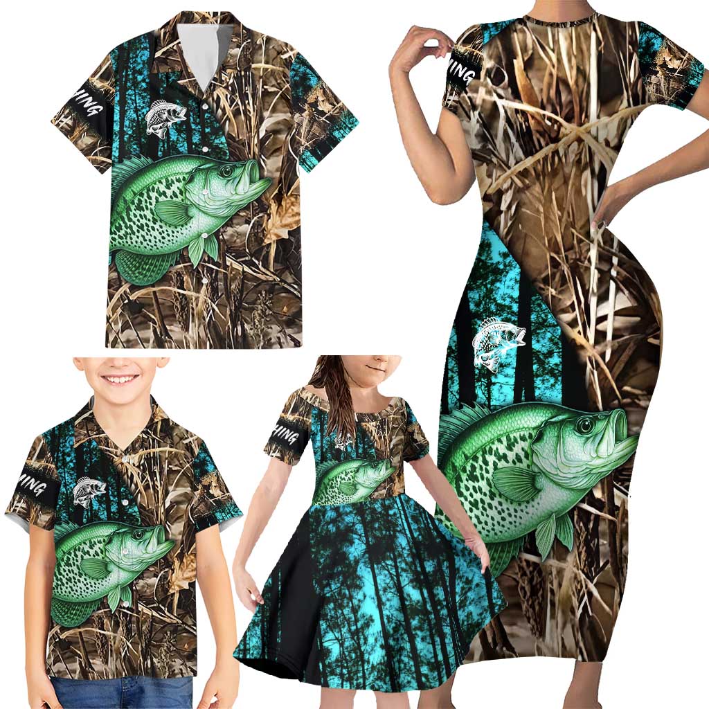 Crappie Fishing Customize Name Family Matching Short Sleeve Bodycon Dress and Hawaiian Shirt Forest and Camo Background in Outdoor Fishing - Wonder Print Shop