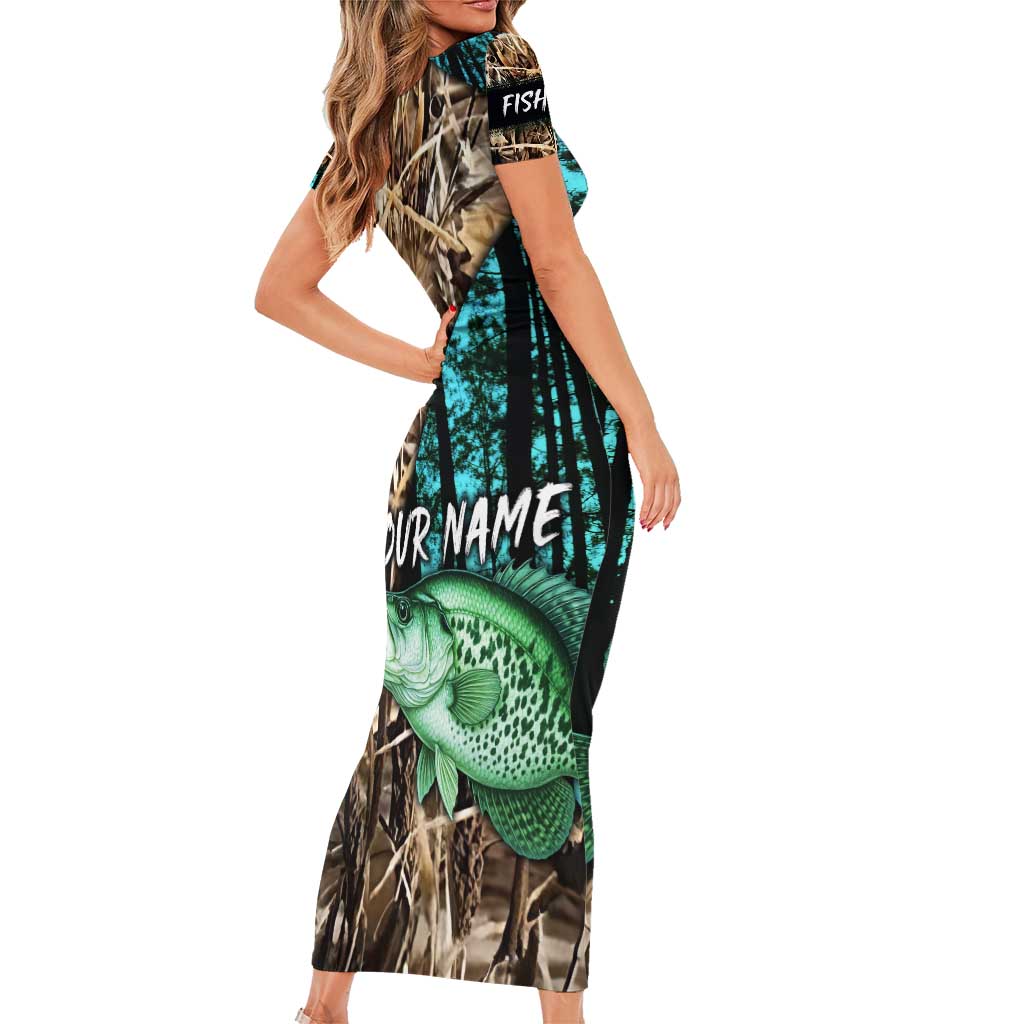 Crappie Fishing Customize Name Family Matching Short Sleeve Bodycon Dress and Hawaiian Shirt Forest and Camo Background in Outdoor Fishing - Wonder Print Shop
