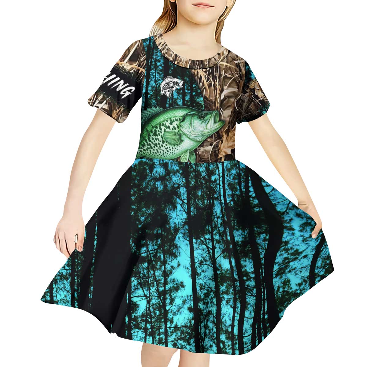 Crappie Fishing Customize Name Kid Short Sleeve Dress Forest and Camo Background in Outdoor Fishing - Wonder Print Shop