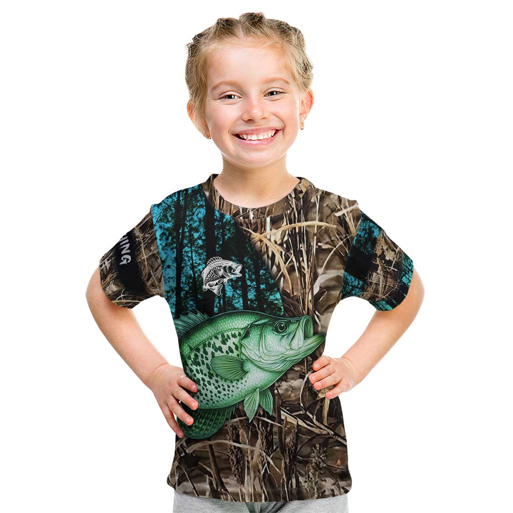 Crappie Fishing Customize Name Kid T Shirt Forest and Camo Background in Outdoor Fishing - Wonder Print Shop