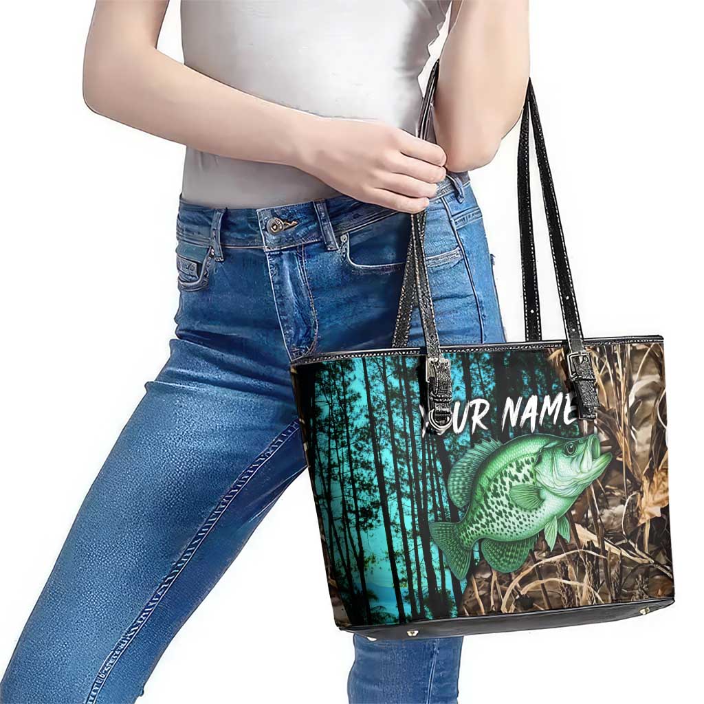 Crappie Fishing Customize Name Leather Tote Bag Forest and Camo Background in Outdoor Fishing - Wonder Print Shop