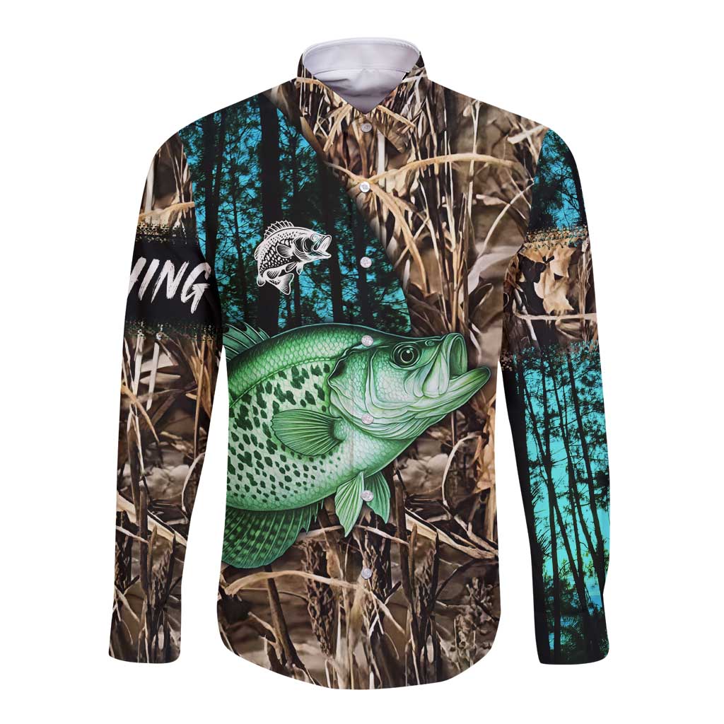Crappie Fishing Customize Name Long Sleeve Button Shirt Forest and Camo Background in Outdoor Fishing - Wonder Print Shop