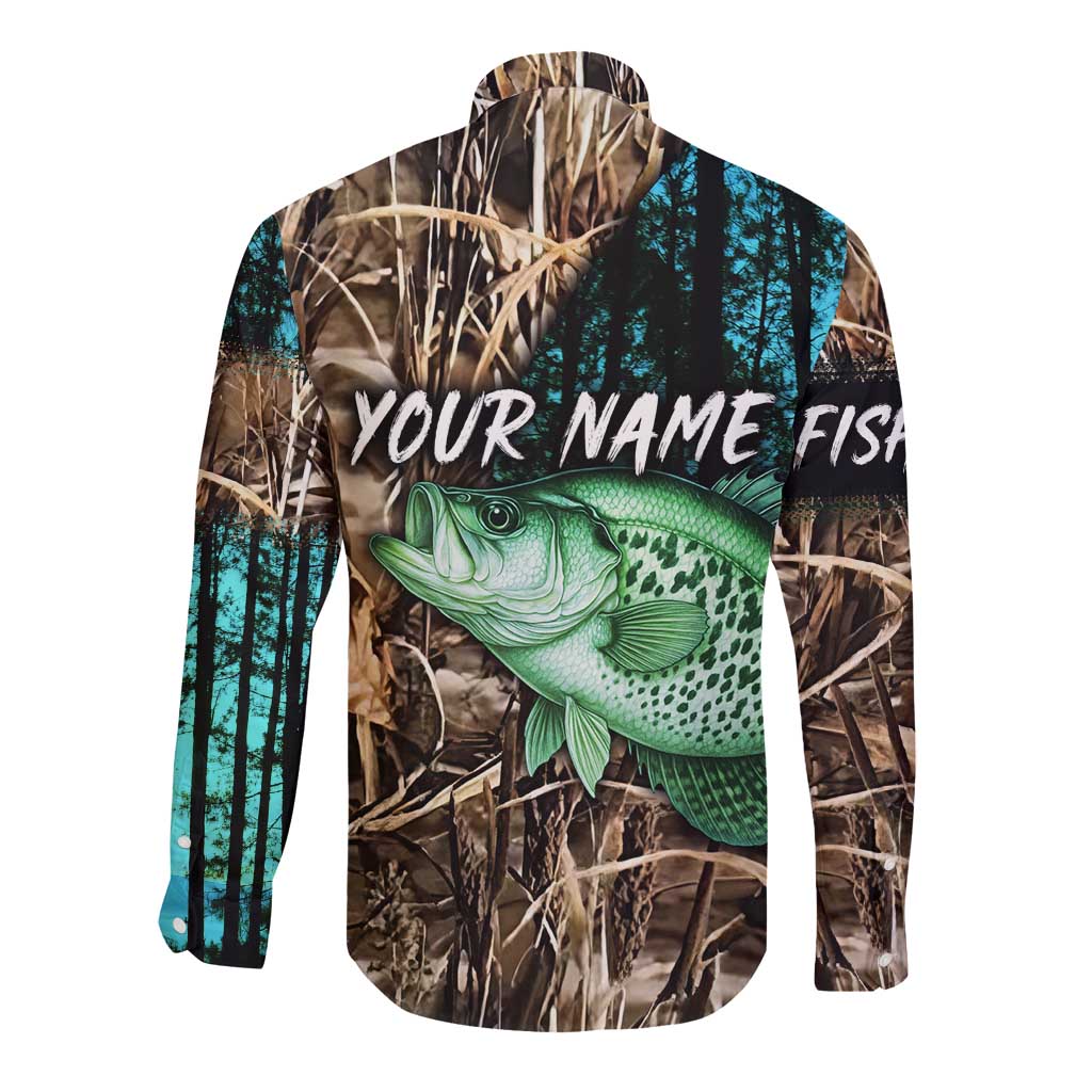 Crappie Fishing Customize Name Long Sleeve Button Shirt Forest and Camo Background in Outdoor Fishing - Wonder Print Shop