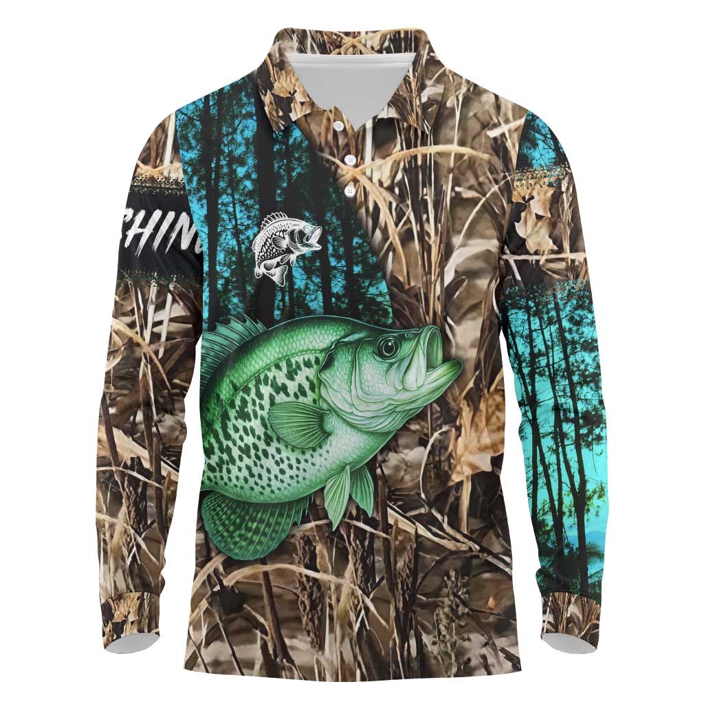 Crappie Fishing Customize Name Long Sleeve Polo Shirt Forest and Camo Background in Outdoor Fishing - Wonder Print Shop