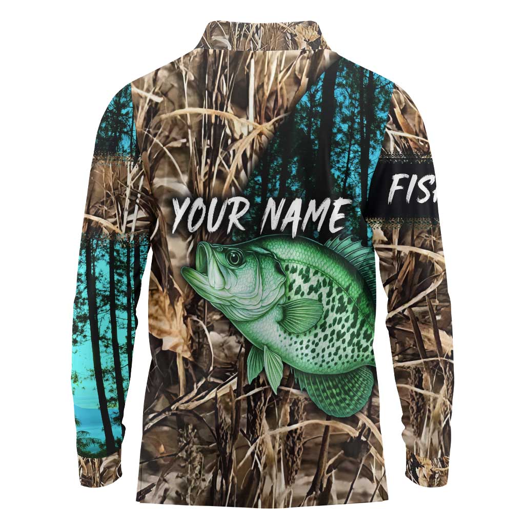 Crappie Fishing Customize Name Long Sleeve Polo Shirt Forest and Camo Background in Outdoor Fishing - Wonder Print Shop