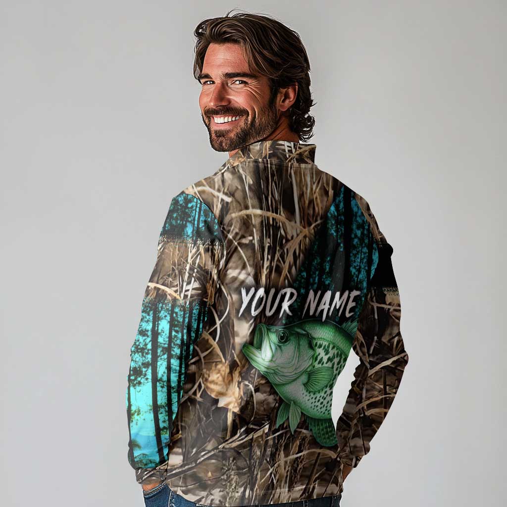 Crappie Fishing Customize Name Long Sleeve Polo Shirt Forest and Camo Background in Outdoor Fishing - Wonder Print Shop