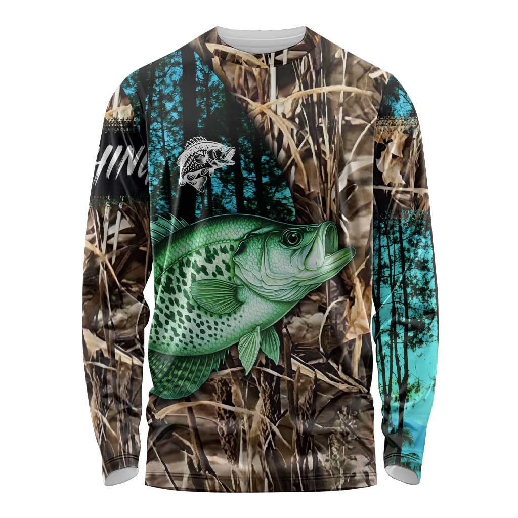 Crappie Fishing Customize Name Long Sleeve Shirt Forest and Camo Background in Outdoor Fishing - Wonder Print Shop