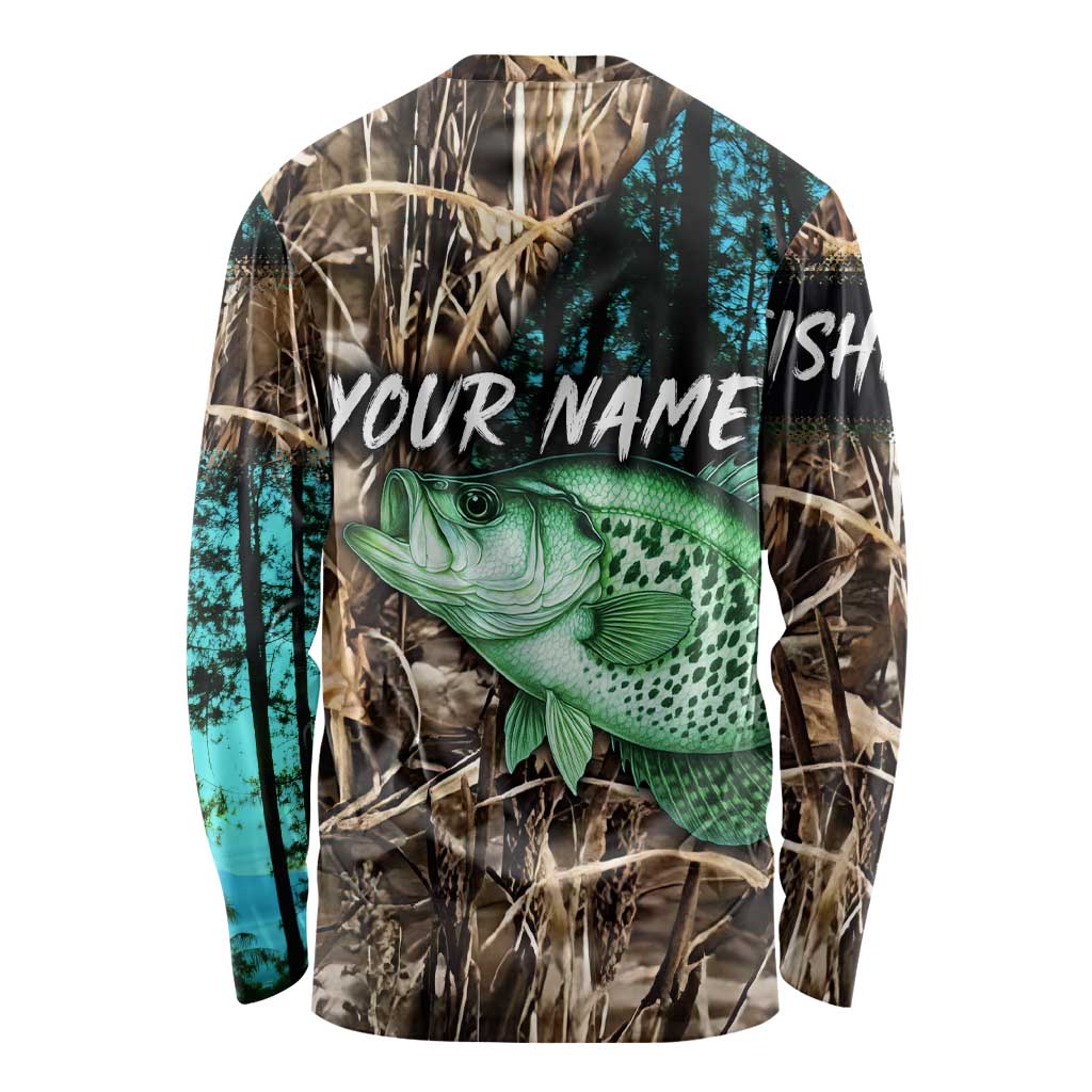 Crappie Fishing Customize Name Long Sleeve Shirt Forest and Camo Background in Outdoor Fishing - Wonder Print Shop