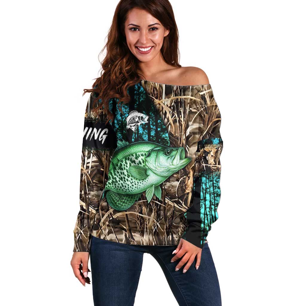 Crappie Fishing Customize Name Off Shoulder Sweater Forest and Camo Background in Outdoor Fishing - Wonder Print Shop
