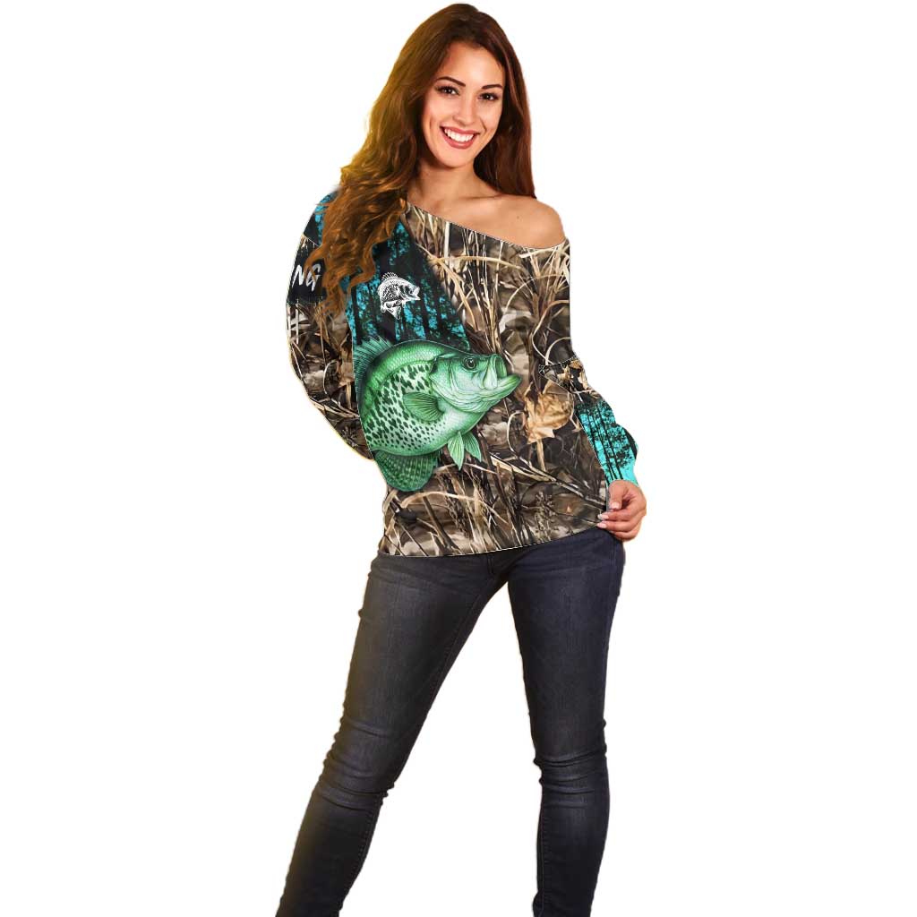Crappie Fishing Customize Name Off Shoulder Sweater Forest and Camo Background in Outdoor Fishing - Wonder Print Shop
